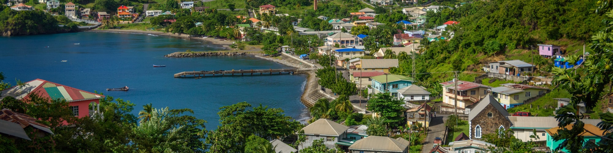 View of Barrouallie with sea and palm trees in Saint Vincent and the Grenadines