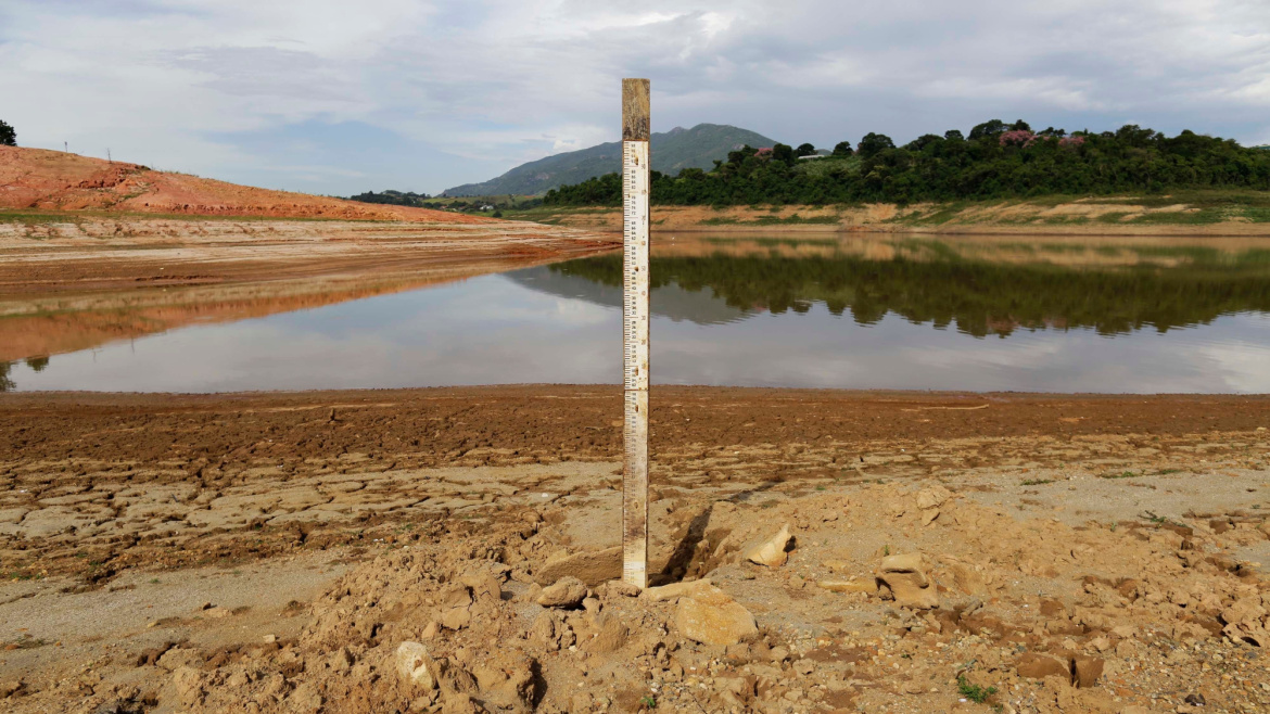 Low level of water is measured by a gauge on the Cantareira Jaguari dam during a severe drought in Sao Paulo state, Brazil.