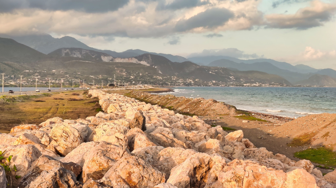 Large boulders on Palisadoes a thin strip of sand that serves as a natural protection for Kingston Harbour, Jamaica