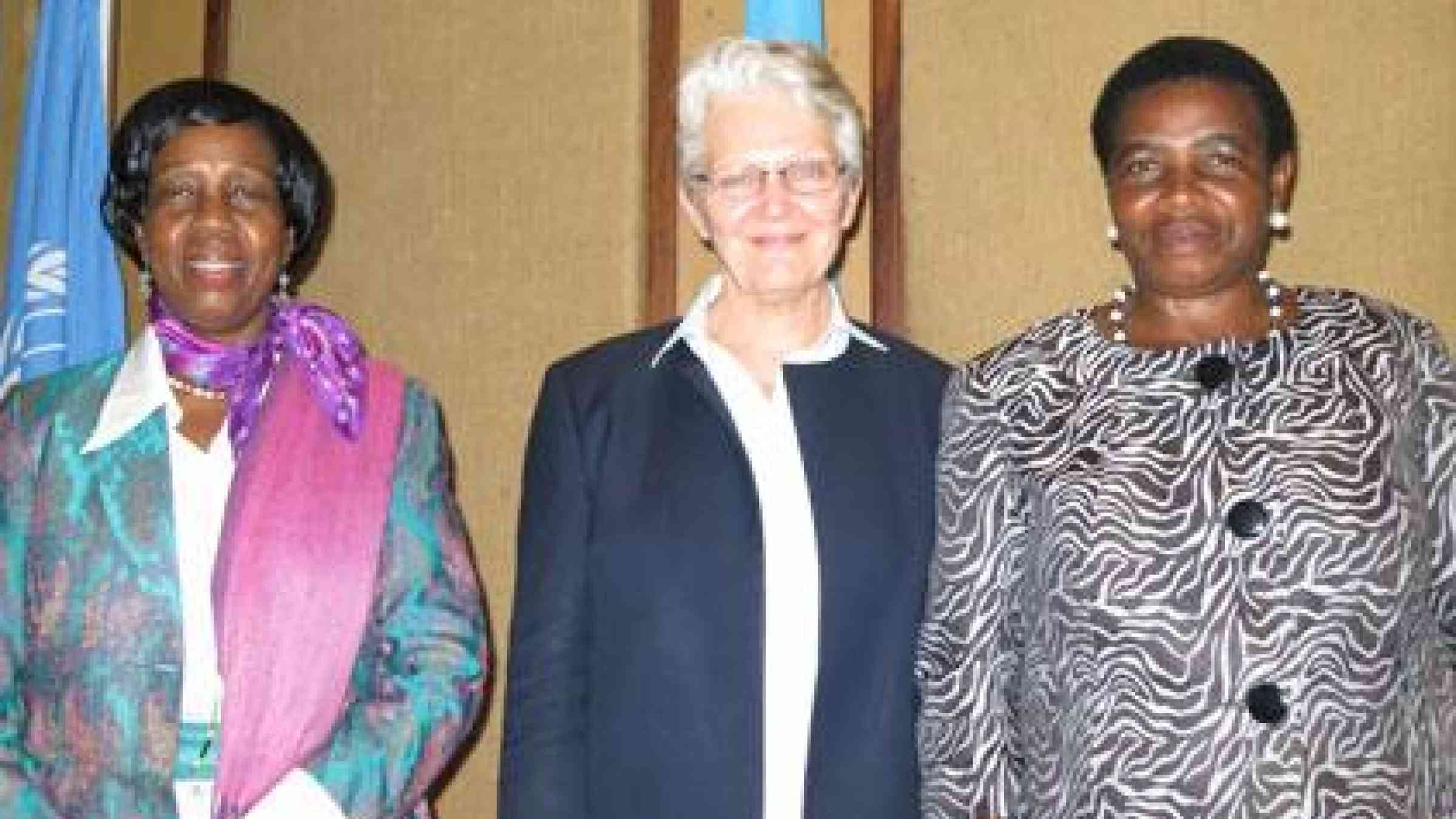 At the opening today of the 4th Africa Platform on Disaster Risk Reduction, (l. to r.) African Union Commissioner for Rural Economy and Agriculture, H.E. Tumusiime Rhoa Peace, Margareta Wahlstrom, UNISDR Chief, and the Minister for the Environment, United Republic of Tanzania, Dr. Terezya Huvisa.