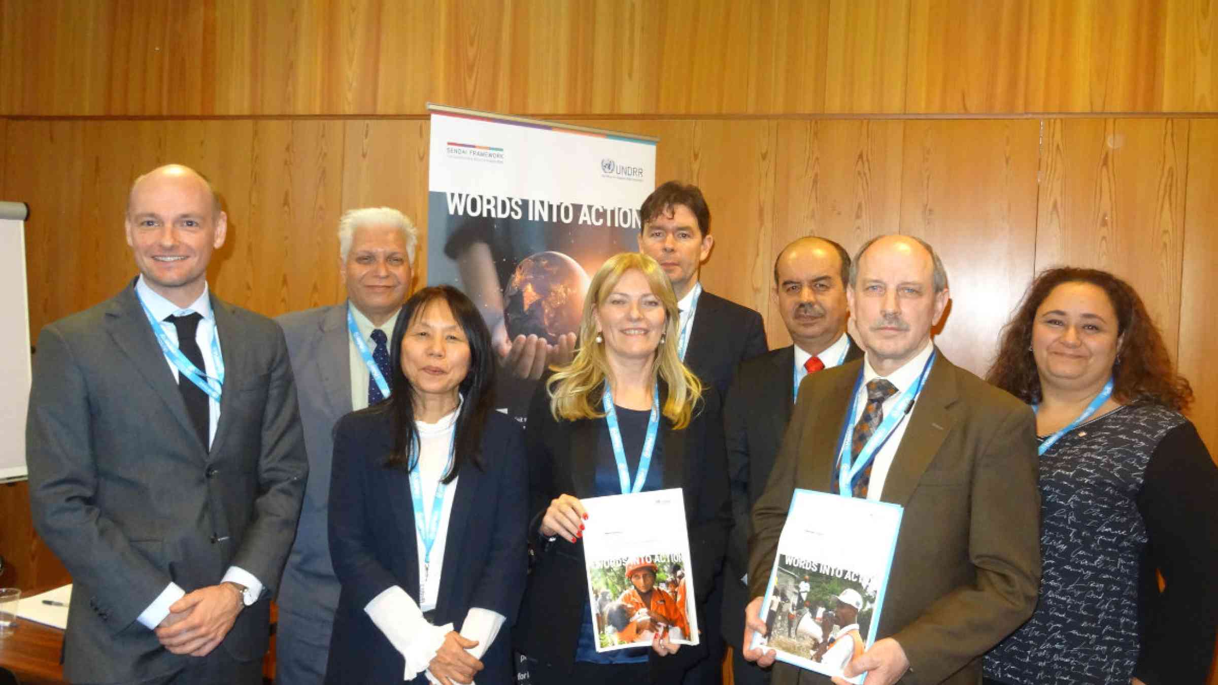 Words into Action launch: (from left) Fred Copper, WHO, Rajan Gengaje, UNDRR consulant, Masayo Kondo, OCHA, Paola Albrito, UNDRR, Jens Kampelmann, Consultant, Nelson Castaño, IFRC, Rudi Müller, OCHA, and Marjorie Soto Franco, IFRC