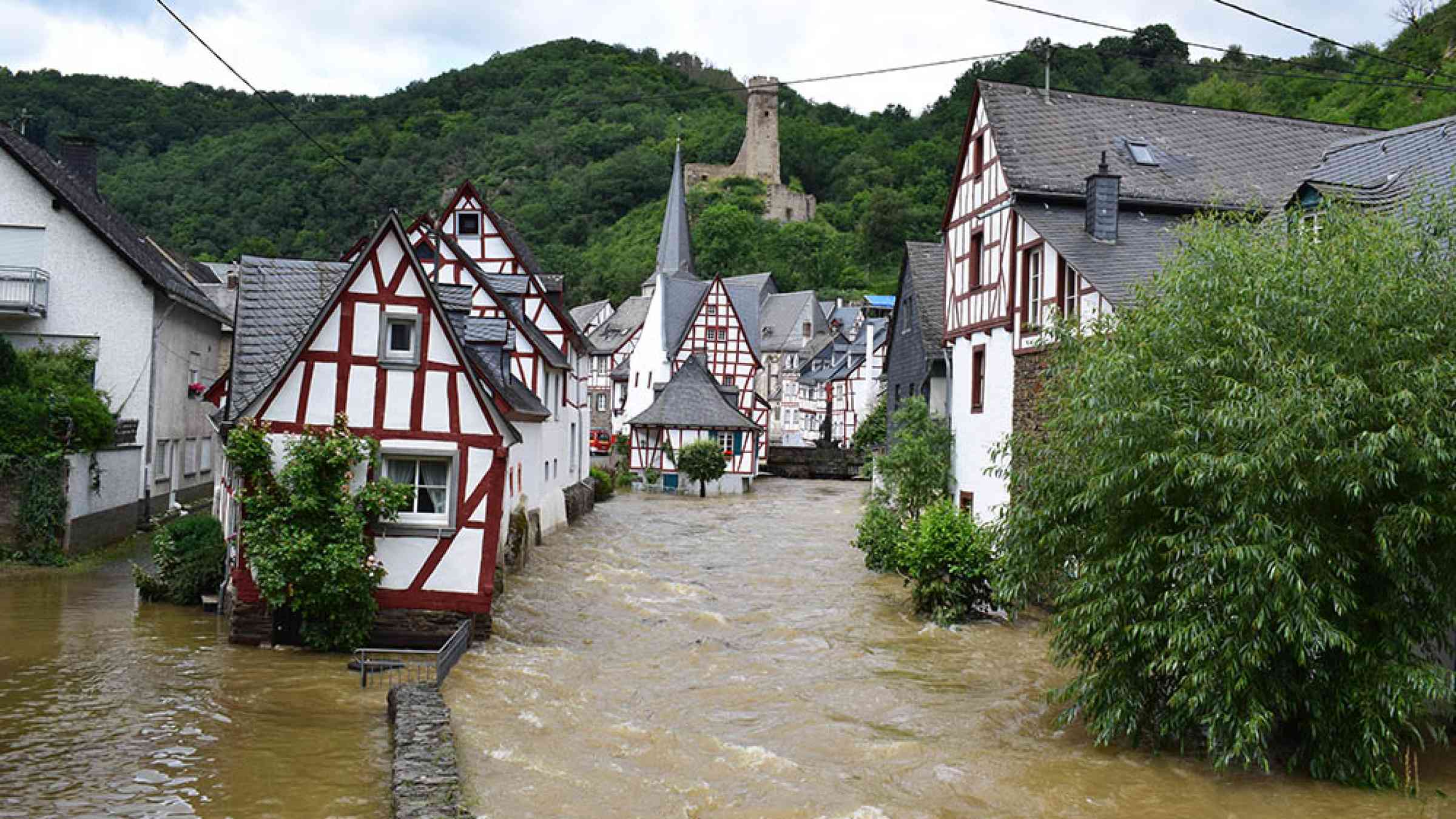 Monreal, Germany - 07 15 2021: Huge flood of the Elz river in Monreal, Eifel 