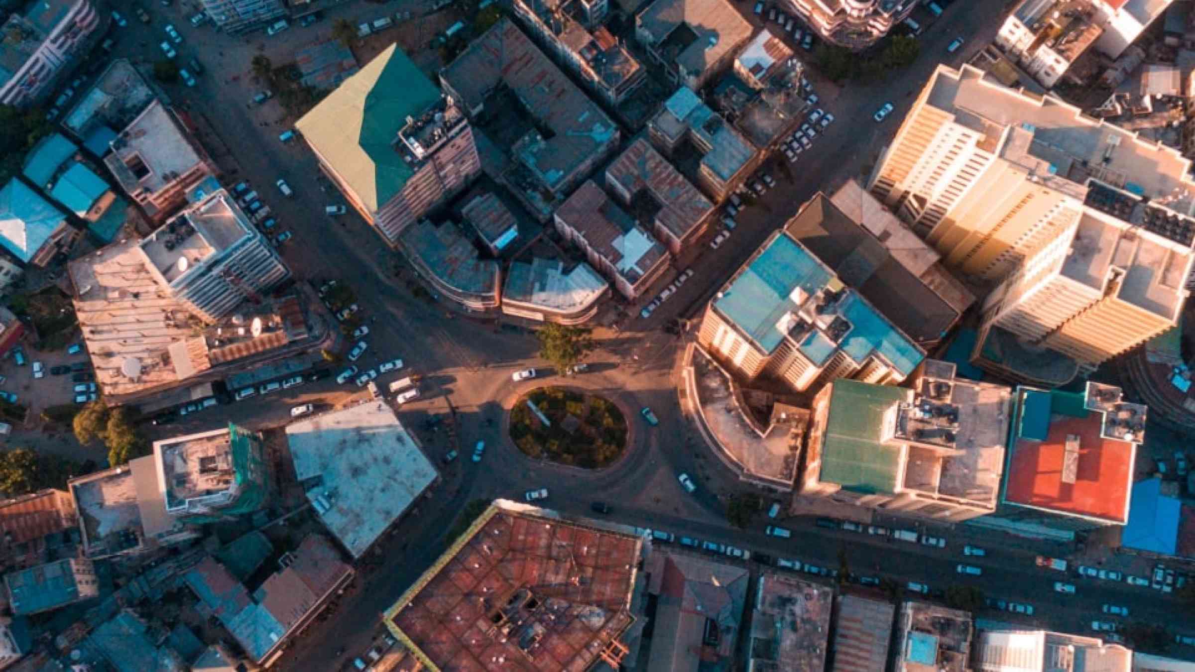 Aerial view of a neighborhood in the city of Dar es Salaam, Tanzania