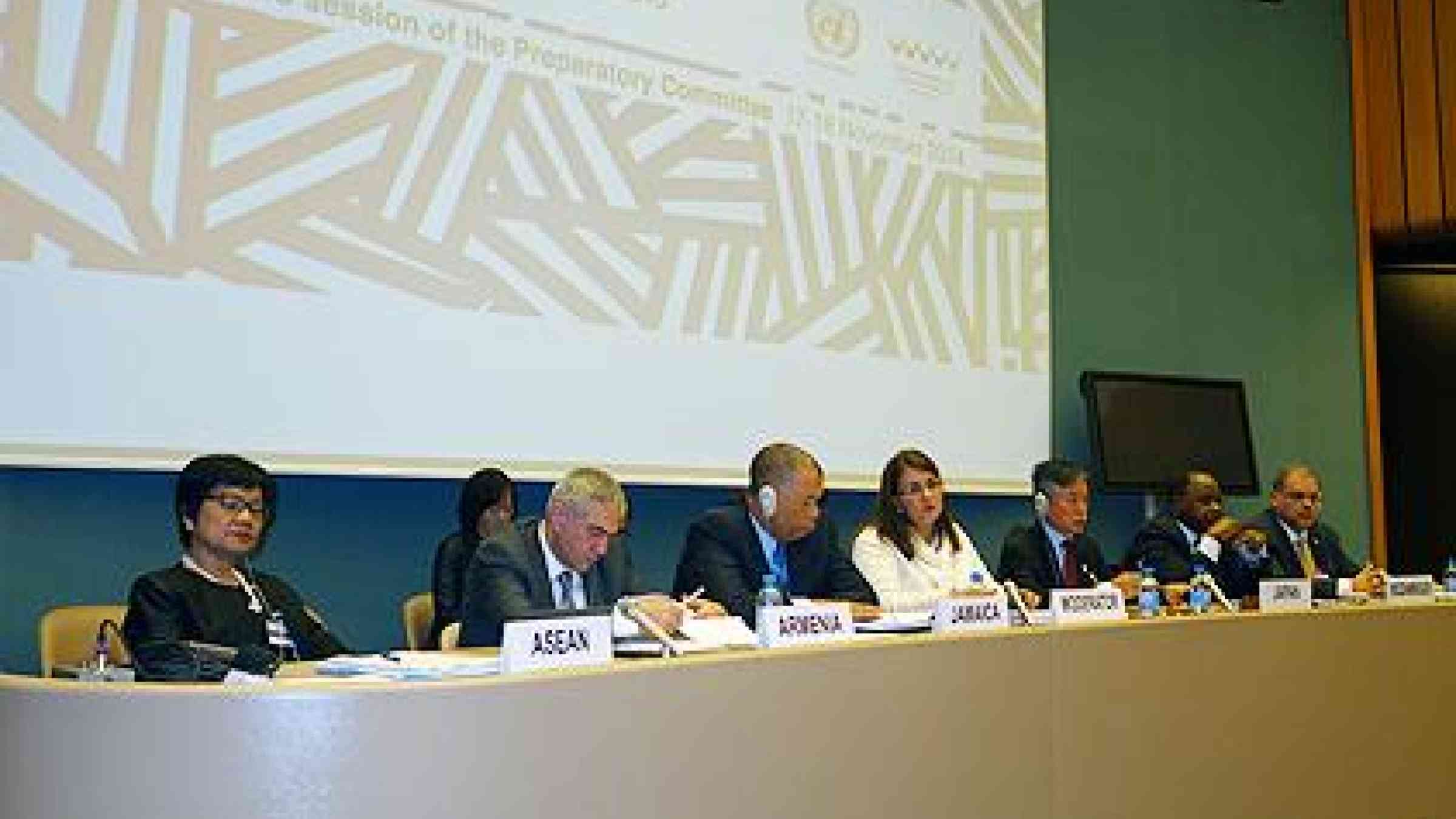 (From left to right): Alicia Dela Rosa Bala, Deputy Secretary-General, ASEAN; Nikolay Grigoryan, Deputy Head of Rescue Service, Ministry of Emergency Situations, Armenia; Ambassador Wayne McCook, Jamaica; Moderator, Maria del Pilar Cornejo, Minister, National Secretariat of Risk Management, Ecuador; Kenichi Suganuma, Japan; Ambassador Pedro Comissario Afonso, Mozambique; and Joaquin Roa Burgos, Minister of National Emergency, Paraguay. (Photo: UNISDR)