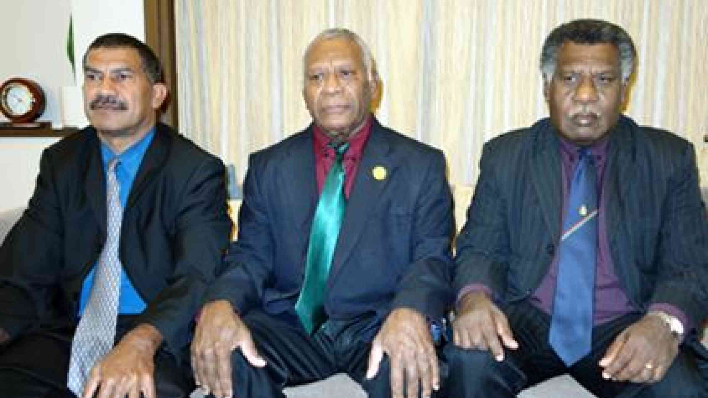 Waiting for news...Vanuata delegation at the World Conference on Disaster Risk Reduction, Mr. Shadrack Rubart Welegtabit, Director, National Disaster Management Office, President HE Baldwin Lonsdale, and Mr. James Bule, Minister for Climate Change and Natural Disasters. (Photo: UNISDR)