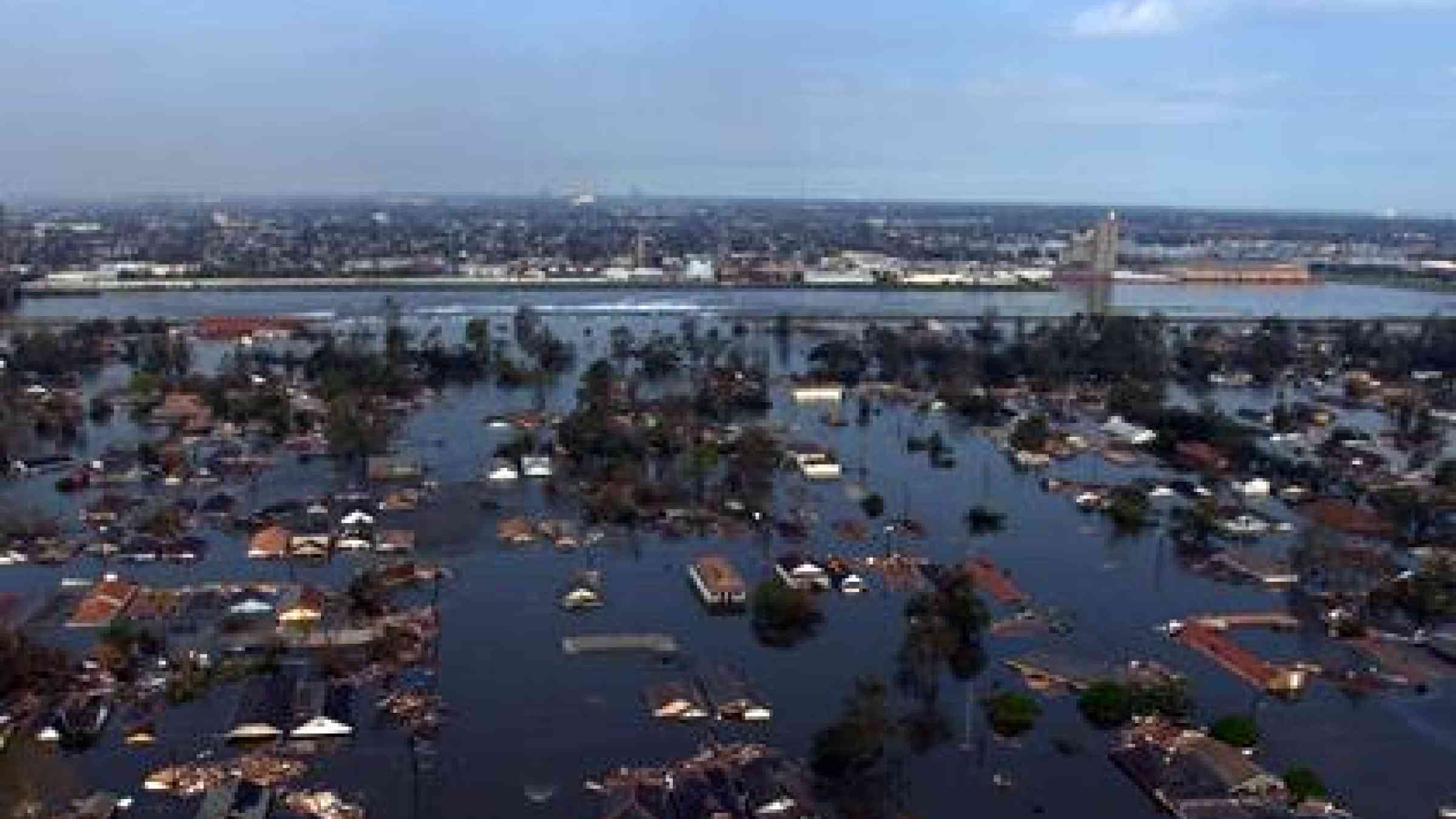 Aerial view of a flooded neighborhood in New Orleans in the aftermath of Hurricane Katrina.