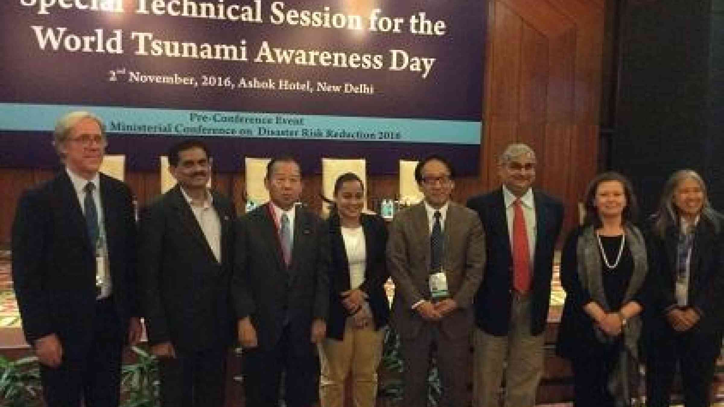 (Left to right) Tsunami Session speakers: Mr. Tony Elliott, Dr. Satheesh Shenoi, Mr. Toshihiro Nikai, Ms. Regina Prosper, Prof. Fumihiko Imamura, Mr. Pallava Bagla, Ms. Kirsi Madi, Dr. Laura Kong.