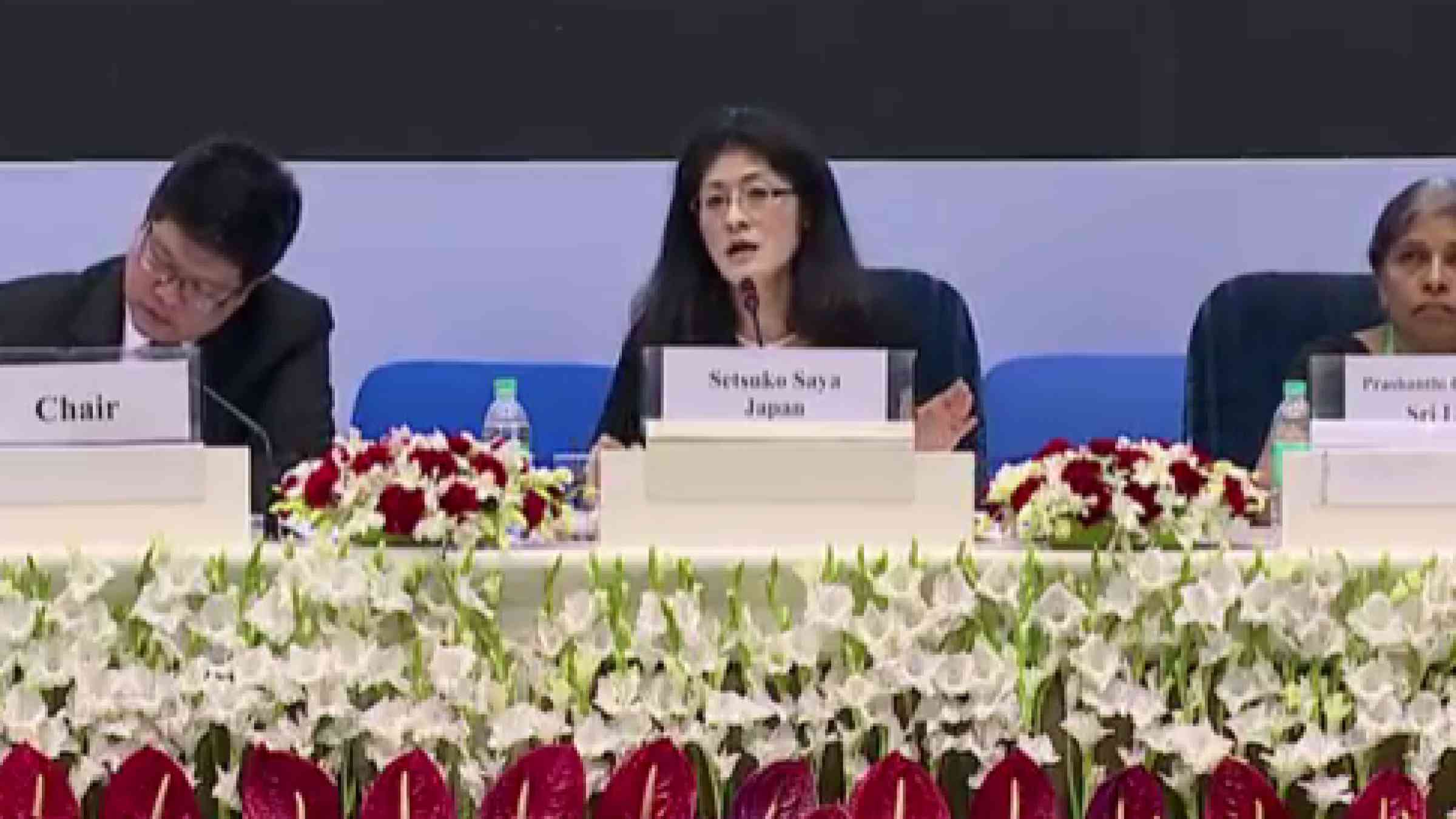 At today's session on the Sendai Framework, (left to right) Chair, Ambassador Mr. Thani Thongphakdi, Thailand, Ms. Setsuko Saya, Director, Japan Cabinet Office, and Dr. Prashanthi Gunewardene, University of Sri Jayewardenepura, Sri Lanka.